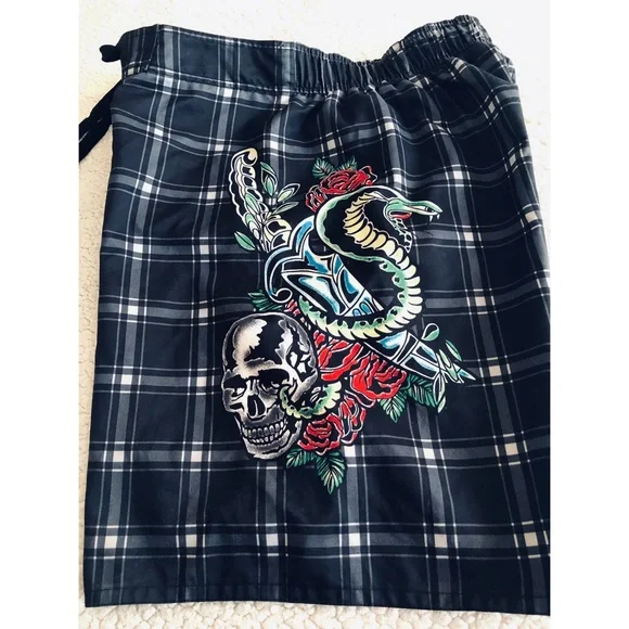 Joe Boxer Mens Plaid Blue Swim Trunks with Colorful Designs - Picture 2 of 7